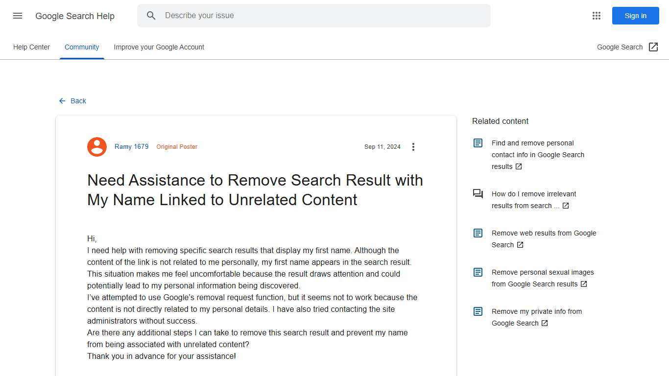 Need Assistance to Remove Search Result with My Name Linked to Unrelated Content - Google Search Community